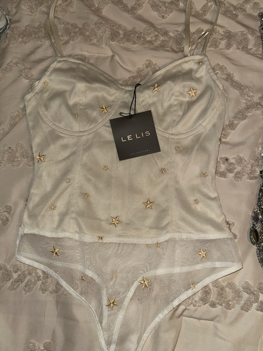 Le Lis Ivory Mesh Bodysuit with Gold Star Embroidery